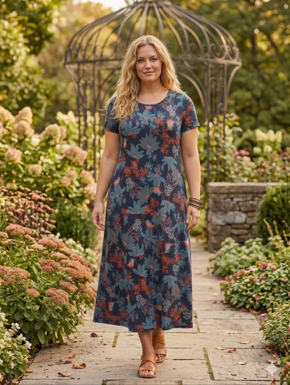 J. Jill Black Floral Maxi Dress with Blue and Rust Blooms. Size Med